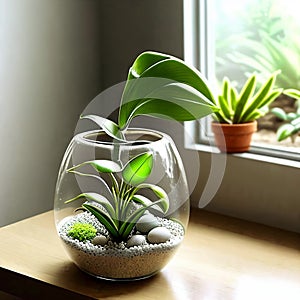 Minimalist terrarium sitting on a sunlit windowsil.