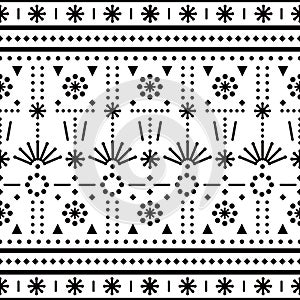 Minimalist textile or fabric print seamless vector pattern with dots, lines and flowers, folk art decor in black and white
