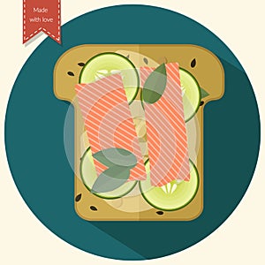 Minimalist toast icon. Sandwich with salmon and cucumber. Flat design. Vector illustration