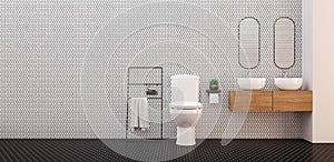 Minimalist toilets.Modern style design with black and white hexagon tile.