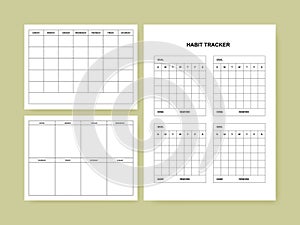 Minimalist undated personal planner page templates. Monthly Plan, Weekly Plan, Habit Tracker. Vector illustration