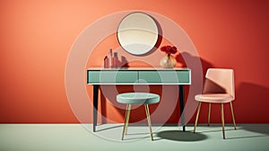 Minimalist Vanity Table Set In Vibrant Orange - 3d Rendered