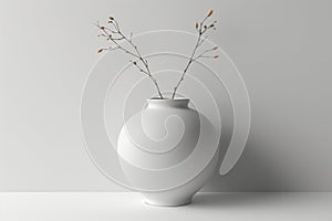 Minimalist vase with dried twigs on white background