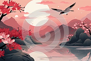 Minimalist vector art red monochrome landscape poster inspired by atey ghailan photo