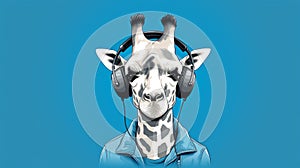 Minimalist Vector Graphic Of A Sound Engineer Giraffe On Blue Background