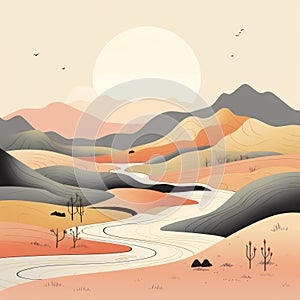 Minimalist Vector Illustration Of Desert Landscape In Organic Forms