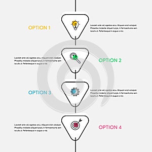 Minimalist vertical timeline infographics with 4 steps, options. Universal infographics with place for date and icons