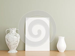 Minimalist vertical white poster or photo frame mockup on wooden floor leaning against the wall. 3D Rendering