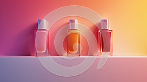 Minimalist and vibrant ad photo featuring three sleek, square nail polish bottles without labels, displayed on a pure