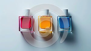 Minimalist and vibrant ad photo featuring three sleek, square nail polish bottles without labels, displayed on a pure