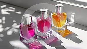 Minimalist and vibrant ad photo featuring three sleek, square nail polish bottles without labels, displayed on a pure