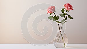 Minimalist view of pink petal roses in a vase on a white table with a wall background