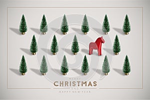 Minimalist Vintage Christmas postcard with Christmas trees and Scandinavian traditional  Dala horse.