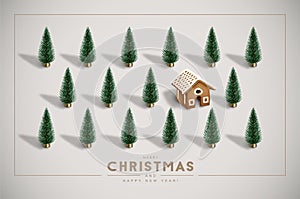 Minimalist Vintage Christmas postcard with plastic Christmas trees and gingerbread house.