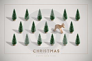 Minimalist Vintage Christmas postcard with plastic Christmas trees and wooden toy deer