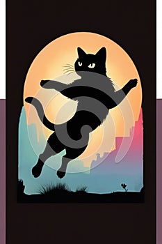 A minimalist vintage design featuring a sleek stylized jumping cat silhouette over faded, bright.