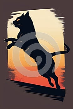 A minimalist vintage design featuring a sleek stylized jumping cat silhouette over faded, bright.