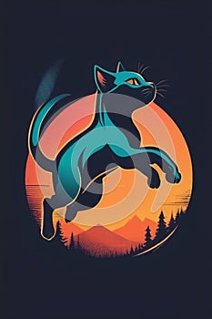 A minimalist vintage design featuring a sleek stylized jumping cat silhouette over faded, bright.
