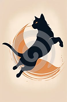 A minimalist vintage design featuring a sleek stylized jumping cat silhouette over faded, bright.