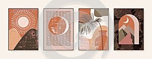 Minimalist wall art. Abstract landscapes for boho esthetic interior. Home decor wall prints. Burnt orange, terracotta colors,