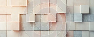 A minimalist wall background with a grid of light color blocks in varying muted tones. The design