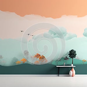 Minimalist Wallpaper Of A Floating Miniworld With Lowlands And Shelf