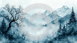 Soft Gray Watercolor Bare Trees Winter Background photo