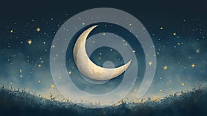 Soft Gray Watercolor Crescent Moon Night Background photo