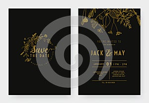 Minimalist wedding invitation card template design, circle floral wreath, line art ink drawing in golden and dark grey