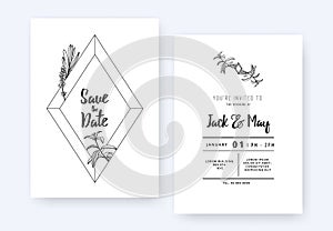 Minimalist wedding invitation card template design, diamond gemstone and foliage line art ink drawing