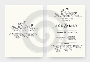 Minimalist wedding invitation card template design, floral black line art ink drawing with label