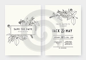 Minimalist wedding invitation card template design, floral black line art ink drawing with rectangle frame