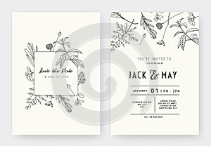 Minimalist wedding invitation card template design, floral black line art ink drawing with square frame