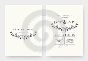 Minimalist wedding invitation card template design, floral black line art ink drawing wreath