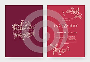 Minimalist wedding invitation card template design, floral wreath with ribbon, line art ink drawing