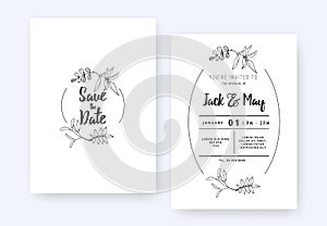 Minimalist wedding invitation card template design, foliage line art ink drawing with circle frame