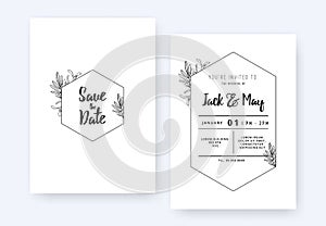 Minimalist wedding invitation card template design, foliage line art ink drawing with hexagon frame