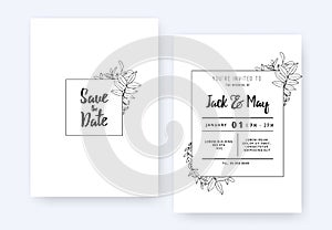 Minimalist wedding invitation card template design, foliage line art ink drawing with square frame