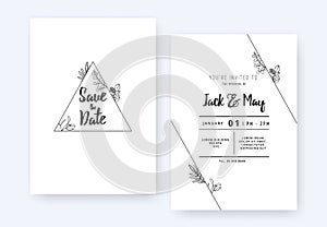 Minimalist wedding invitation card template design, foliage line art ink drawing with triangle frame