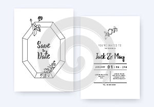 Minimalist wedding invitation card template design, octagon gemstone and foliage line art ink drawing