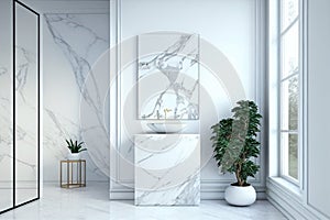 Minimalist white bathroom interior with shower cabin, sink, plant and decorative marble wall, Generative AI