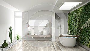 Minimalist white bathroom with vertical and succulent garden, wooden floor and pebbles, hotel, spa, modern interior design