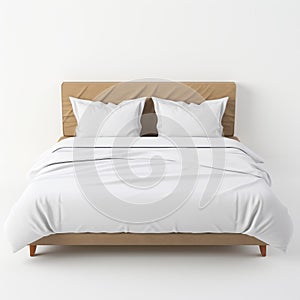 Minimalist White Bed With White Sheets And Pillows On A Light Brown Background