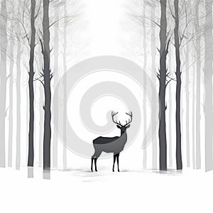Minimalist White And Black Deer Tree Illustration In Forest With Blizzard
