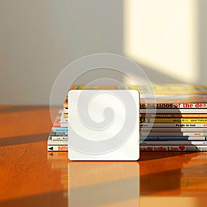 Minimalist White Box Magazine Stack Wood Surface