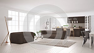 Minimalist white and brown living and kitchen, scandinavian classic interior design