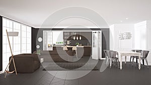 Minimalist white and brown living and kitchen, scandinavian classic interior design