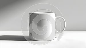 Minimalist white ceramic coffee or tea mug on a clean,gray studio background with soft shadows. Simple,elegant tableware object