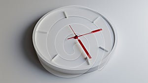 Minimalist white clock with red hands against a gray backdrop, emphasizing modern design