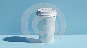 Minimalist white coffee cup on blue background. AI generated
